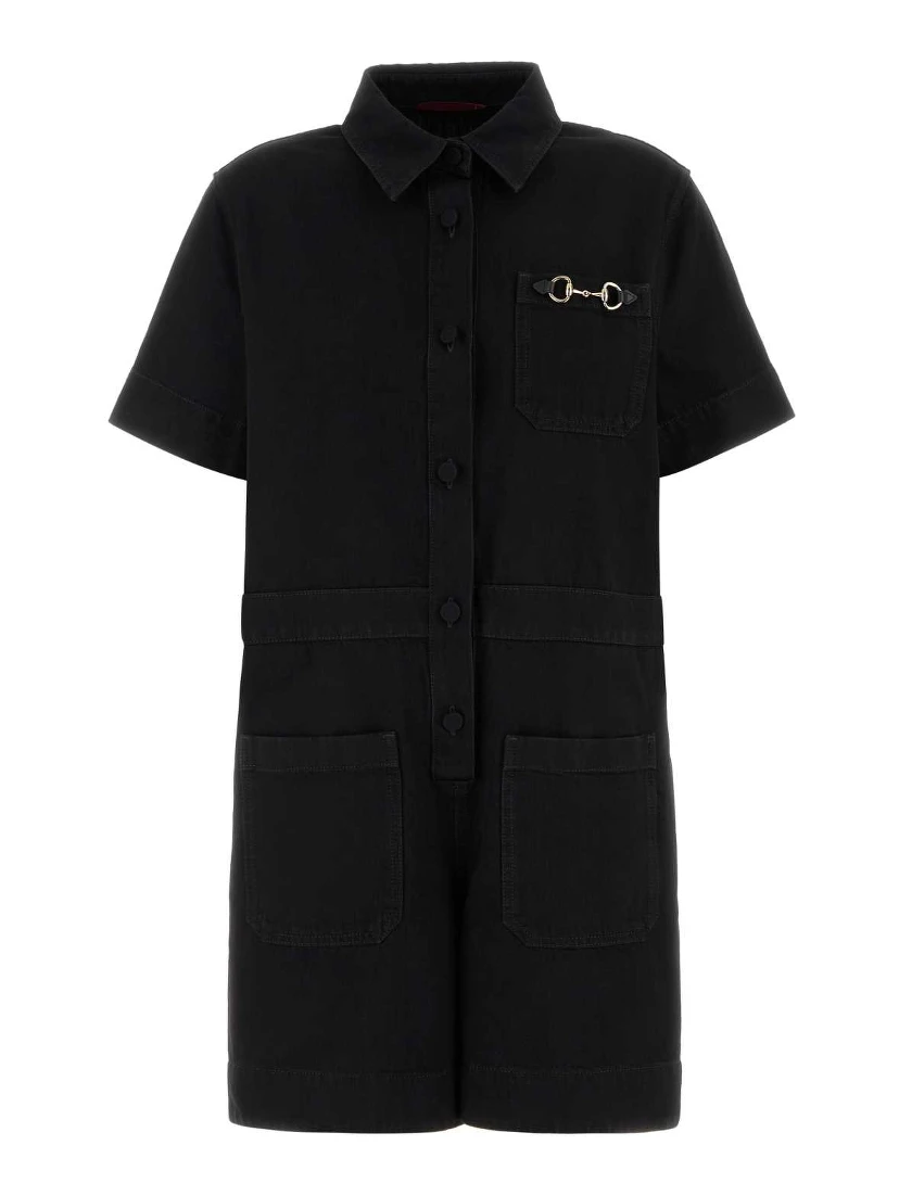 JMPSUIT DENIM W/HRSBIT&LEATHER