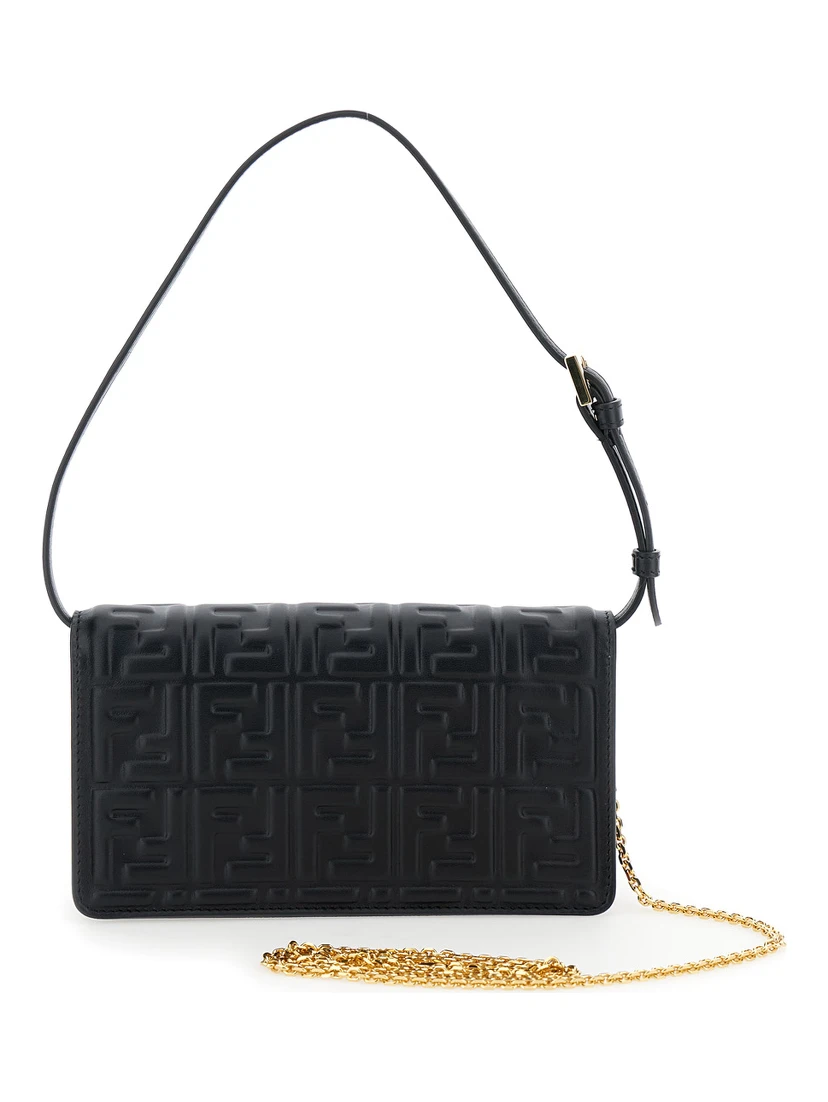Black Wallet on Chain Baguette with All-Over FF Motif and FF Plaque in Leather Woman