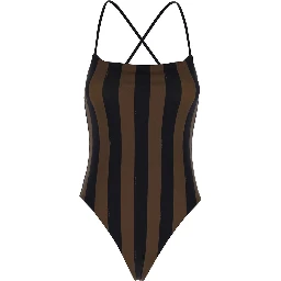 Brown One-Piece Swimsuit with FF and Stripe Motif in Stretch Fabric Woman