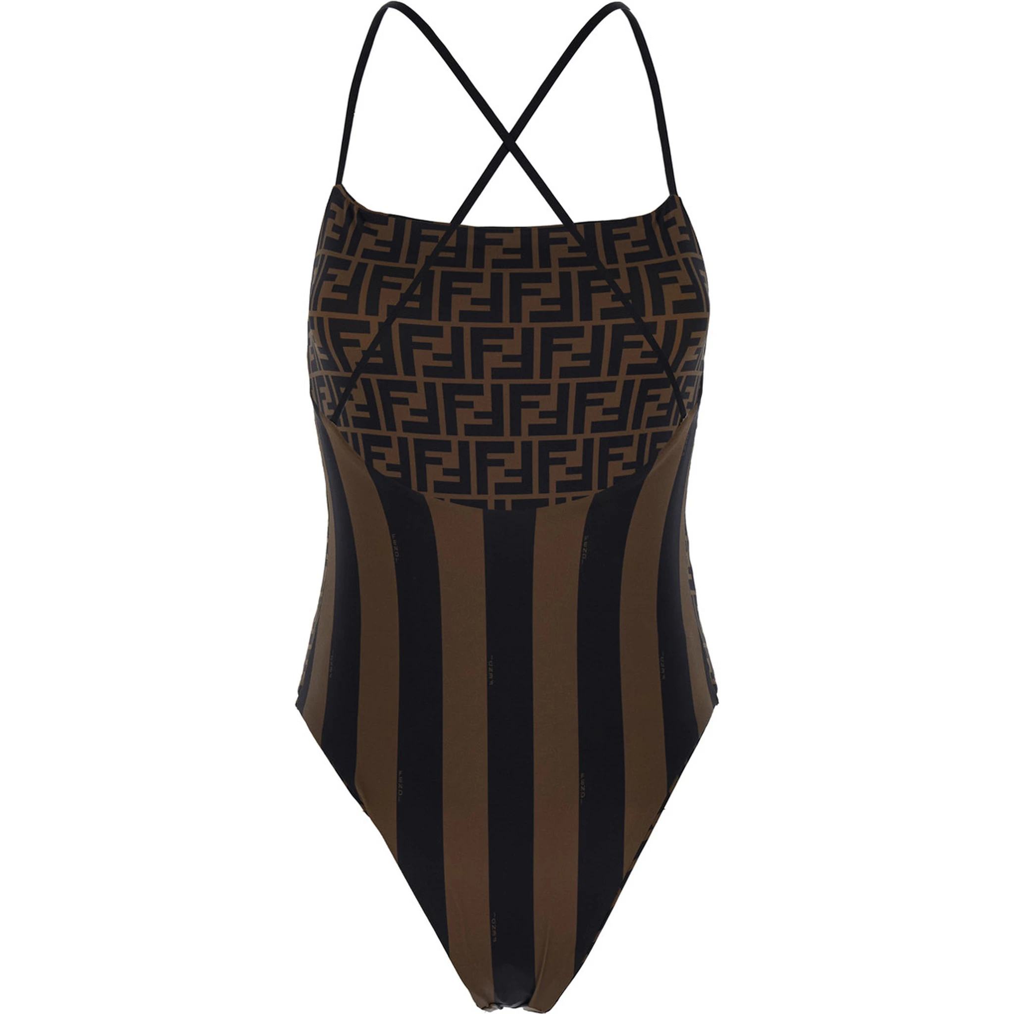 Brown One-Piece Swimsuit with FF and Stripe Motif in Stretch Fabric Woman