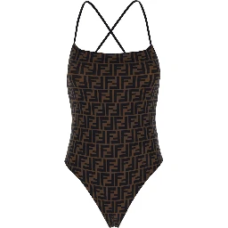 Brown One-Piece Swimsuit with FF and Stripe Motif in Stretch Fabric Woman