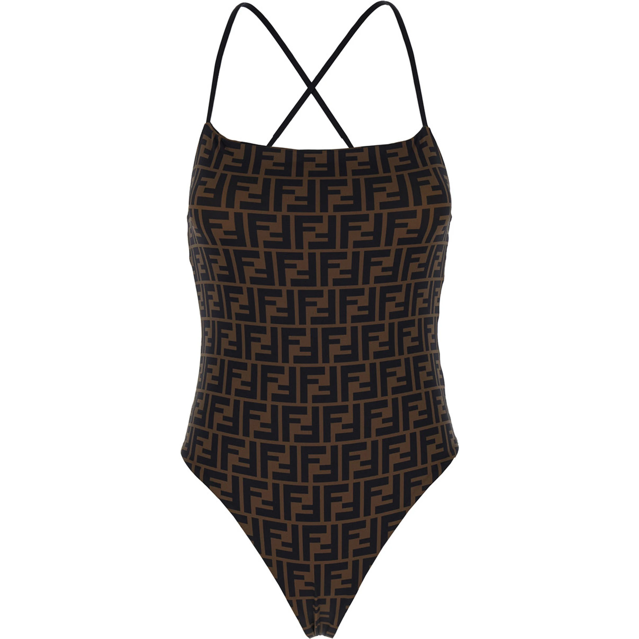 Brown One-Piece Swimsuit with FF and Stripe Motif in Stretch Fabric Woman