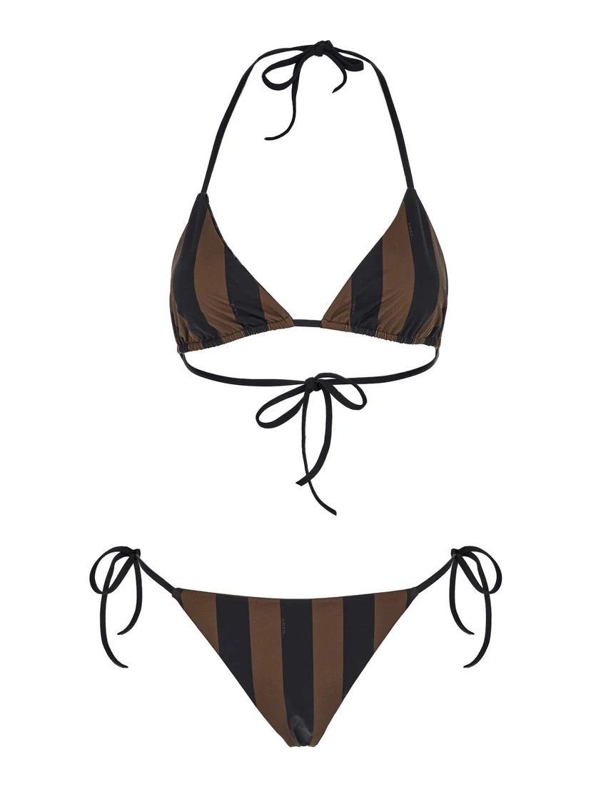 Brown Reversible Bikini with Adjustable Tie Closure and All-Over Stripe Motif in Tech Fabric Stretch Woman