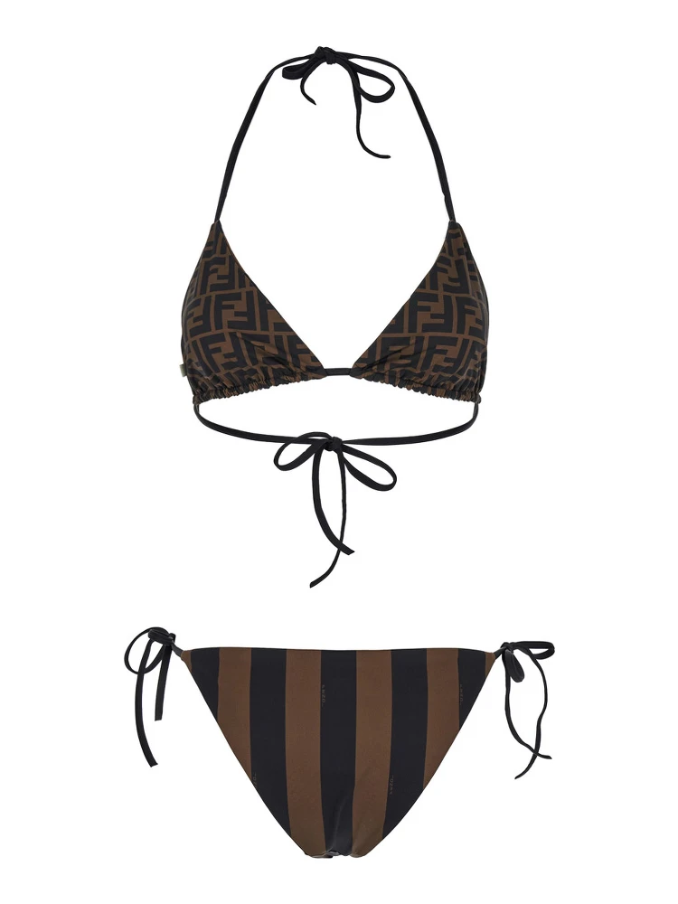 Brown Reversible Bikini with Adjustable Tie Closure and All-Over Stripe Motif in Tech Fabric Stretch Woman alternative