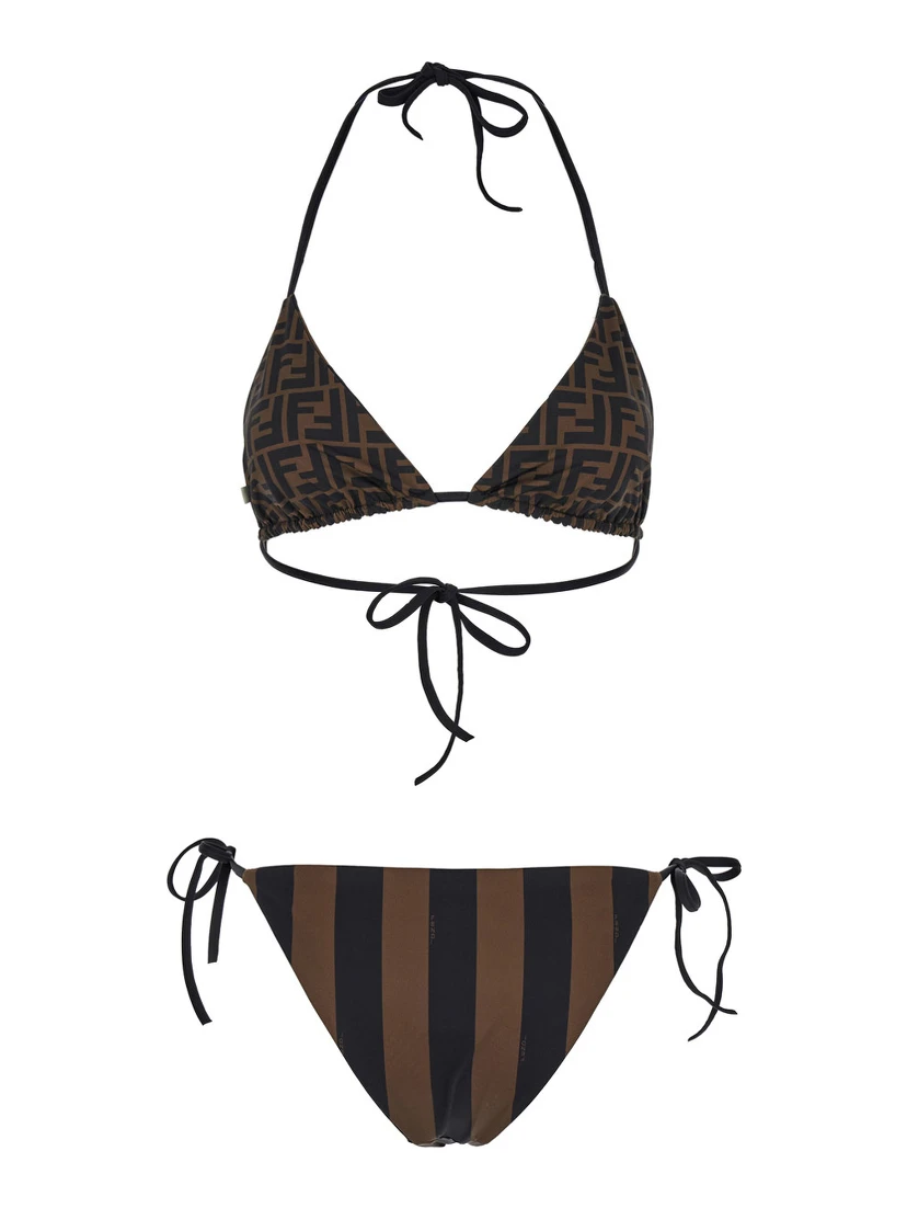 Brown Reversible Bikini with Adjustable Tie Closure and All-Over Stripe Motif in Tech Fabric Stretch Woman