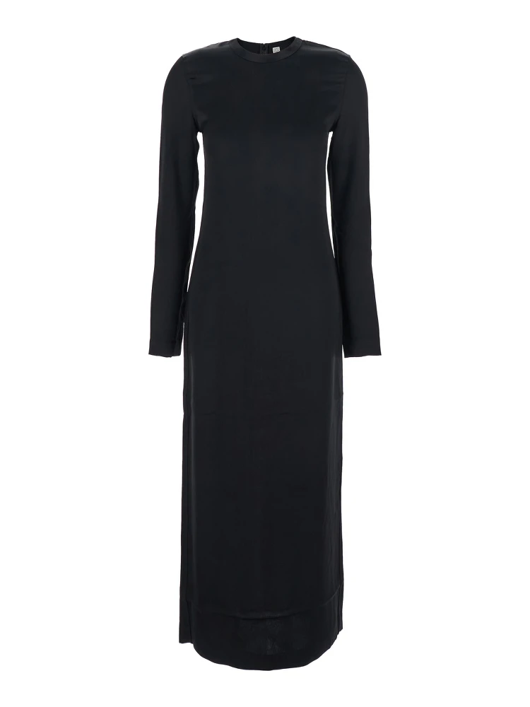 Black Crewneck Long Dress with Rear Single Slit in Viscose Woman
