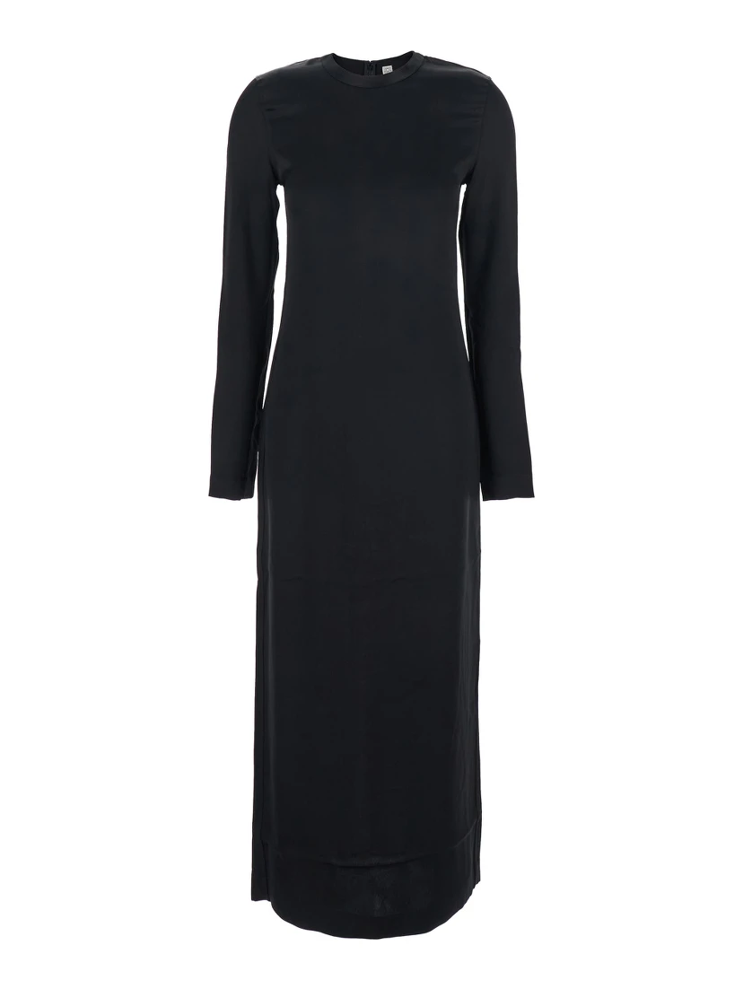 Black Crewneck Long Dress with Rear Single Slit in Viscose Woman
