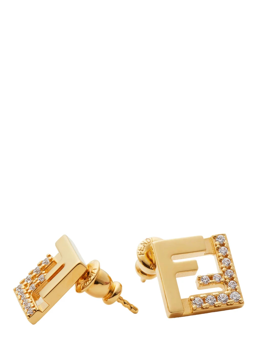 Gold Colored Earings with FF Silhouette and Crystal Embellishments in Brass Woman