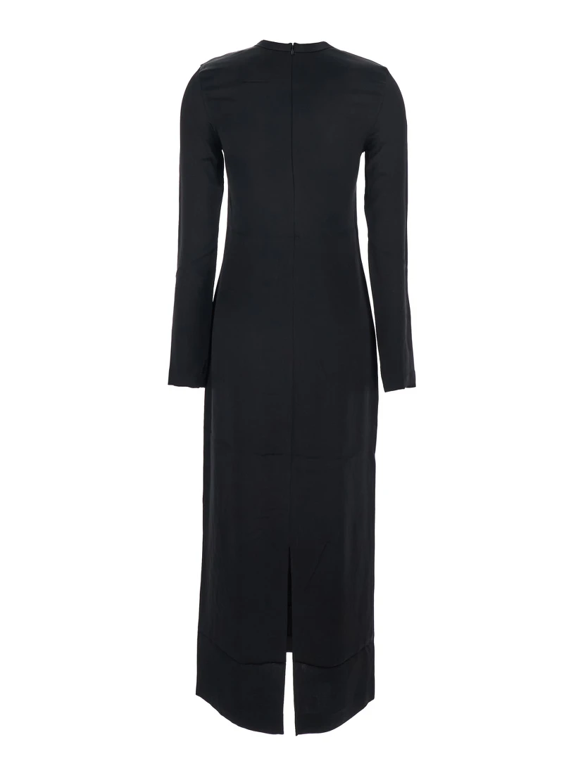 Black Crewneck Long Dress with Rear Single Slit in Viscose Woman