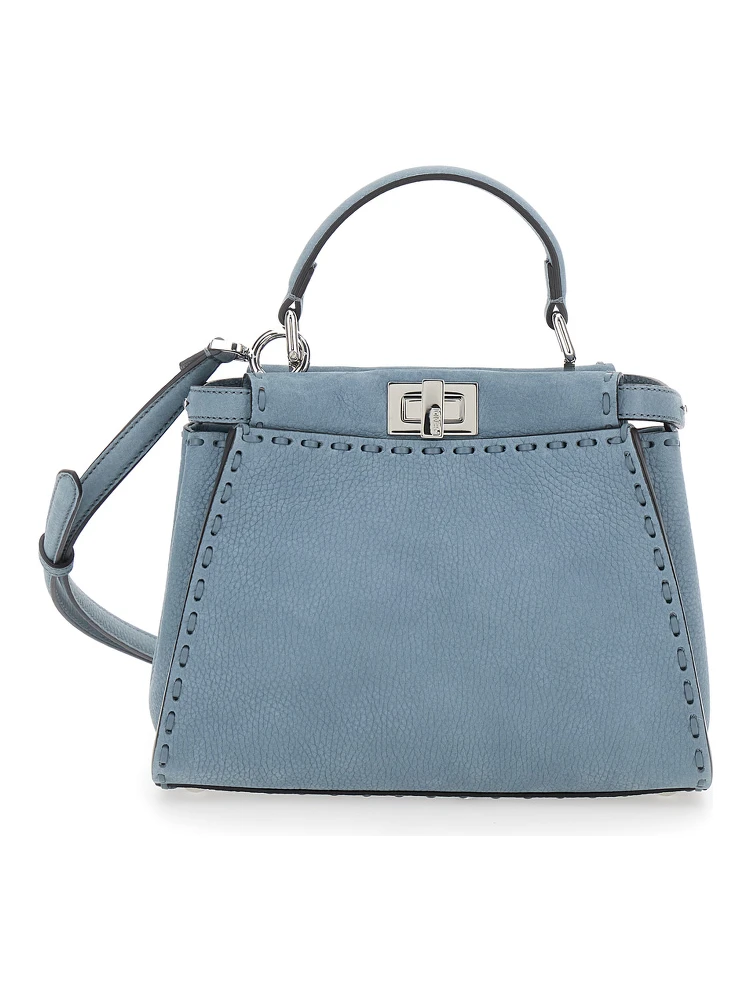 Peekaboo Blue Handbag with Turn-Lock Closure on Both Sides in Grained Leather Woman