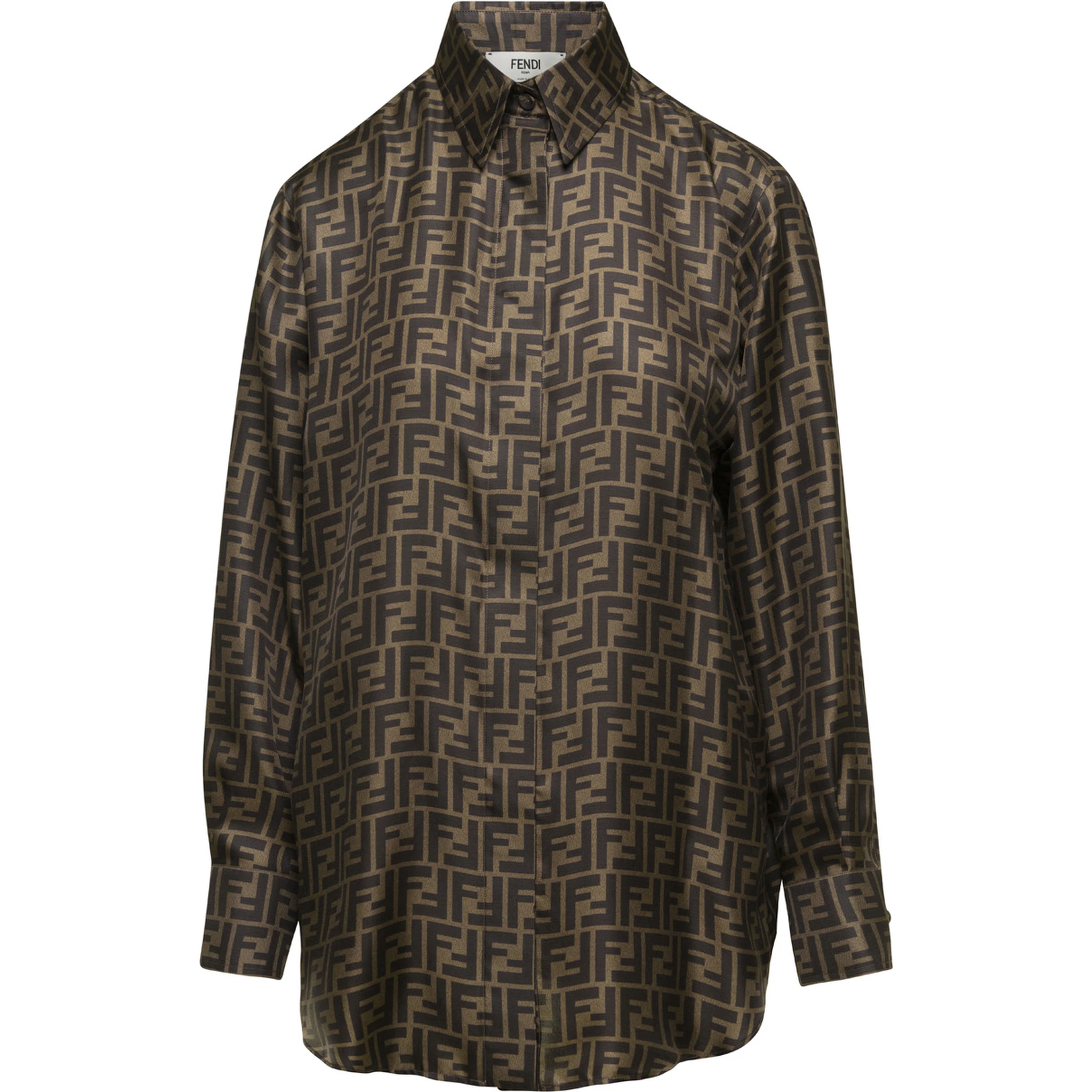 Brown Shirt with Pointed Collar and All-Over FF Print in Silk Woman
