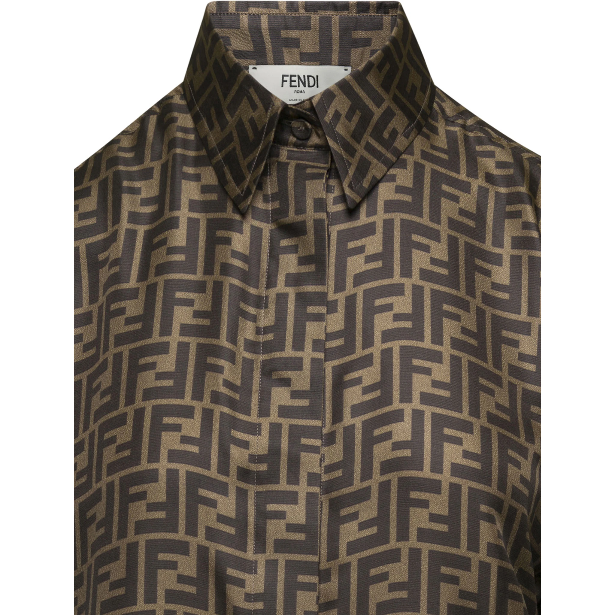 Brown Shirt with Pointed Collar and All-Over FF Print in Silk Woman