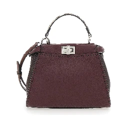 Peekaboo Bordeaux Handbag with Snakeskin Handle and Turn-Lock Closure on Both Sides in Grained Leather Woman