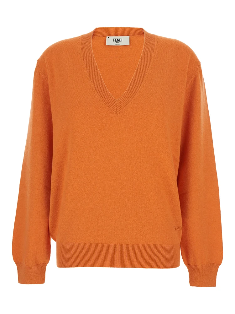 Orange Oversize Sweater with V Neck and Logo Lettering Embroidery on the Front in Cashmere Woman