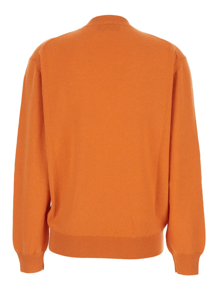 Orange Oversize Sweater with V Neck and Logo Lettering Embroidery on the Front in Cashmere Woman alternative