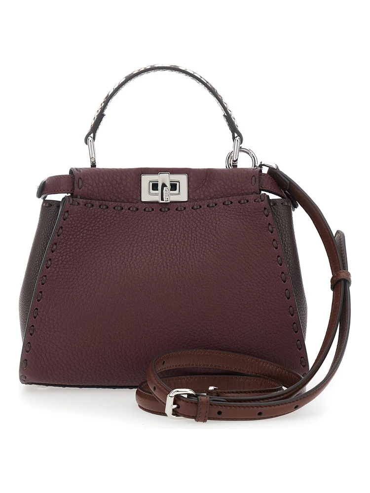 Peekaboo Bordeaux Handbag with Snakeskin Handle and Turn-Lock Closure on Both Sides in Grained Leather Woman alternative