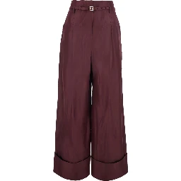 Bordeaux Pants with FF Buckle Belt and Maxi Turn-Up Hem in Silk Woman