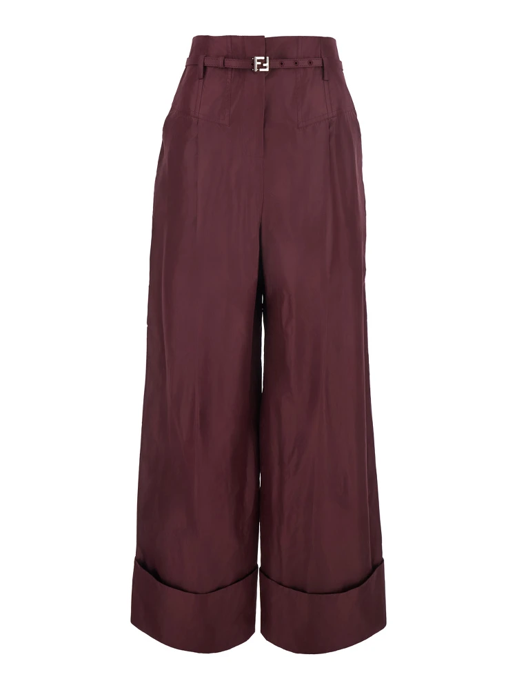 Bordeaux Pants with FF Buckle Belt and Maxi Turn-Up Hem in Silk Woman
