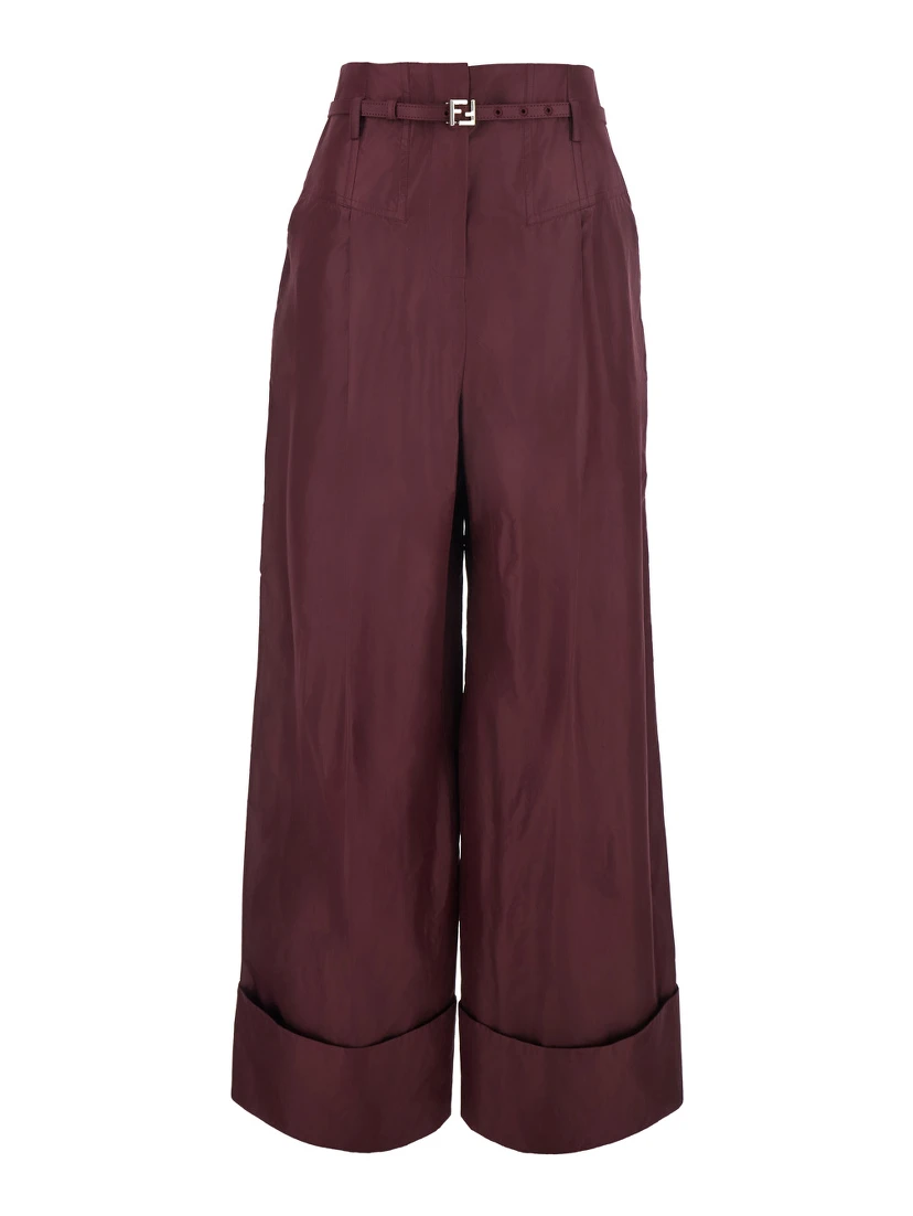 Bordeaux Pants with FF Buckle Belt and Maxi Turn-Up Hem in Silk Woman