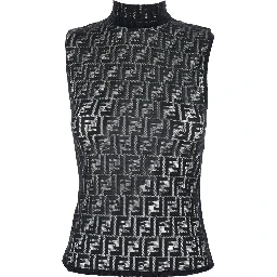 Black Crewneck Sleeveless Top with All-Over FF Motif and Rear Zip Closure in Tech Fabric Stretch Woman