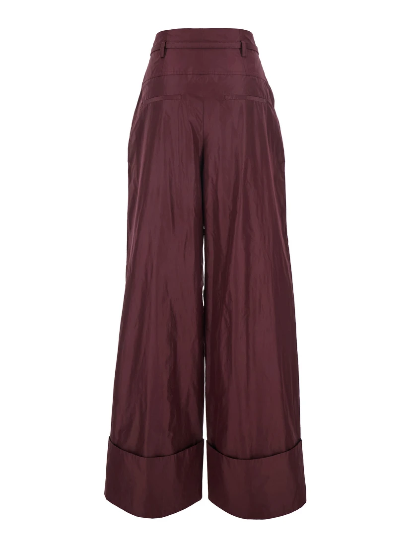 Bordeaux Pants with FF Buckle Belt and Maxi Turn-Up Hem in Silk Woman