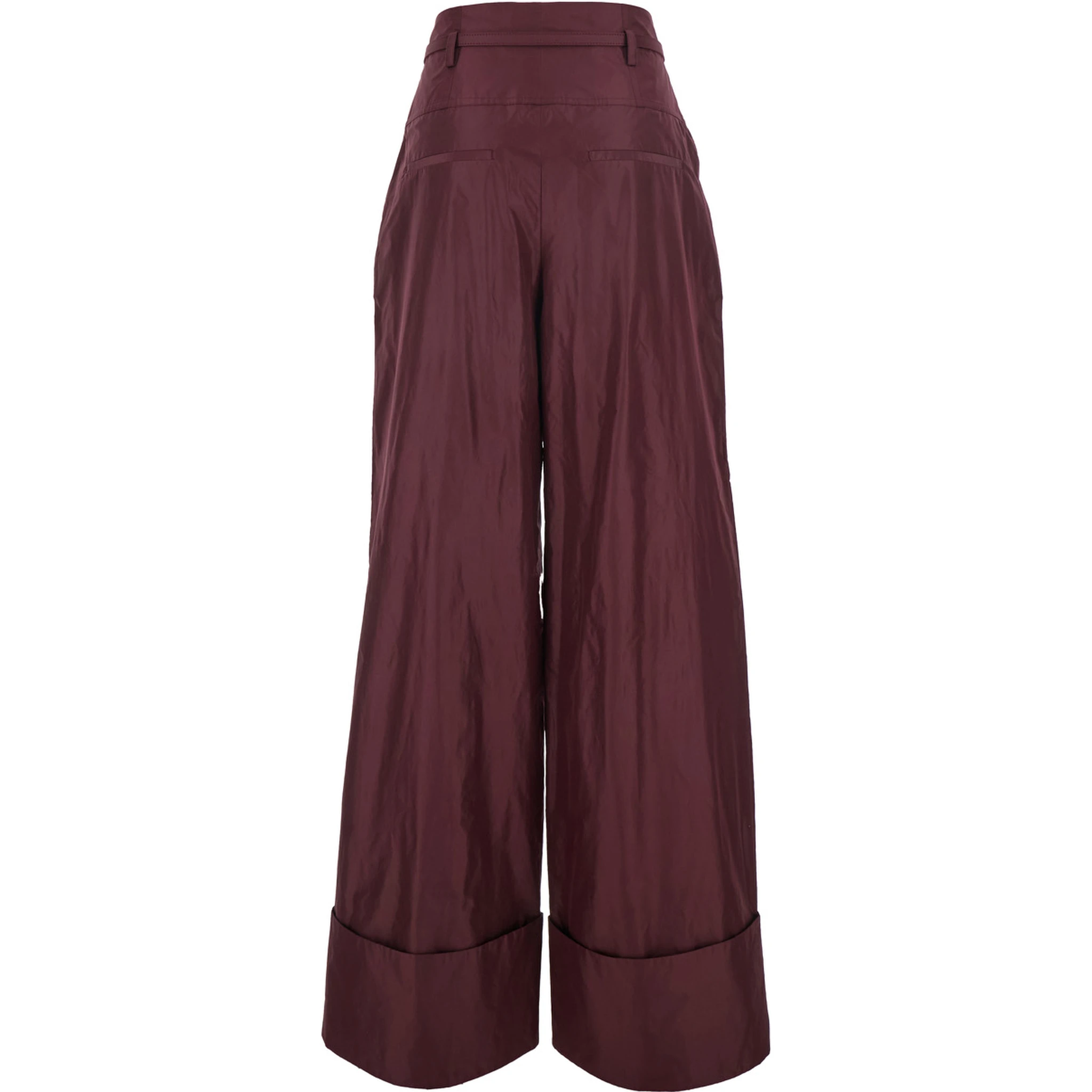 Bordeaux Pants with FF Buckle Belt and Maxi Turn-Up Hem in Silk Woman