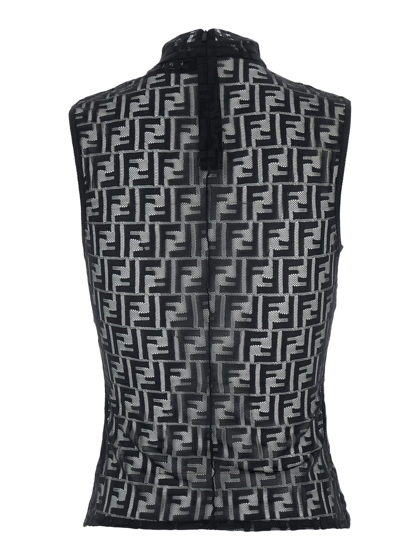 Black Crewneck Sleeveless Top with All-Over FF Motif and Rear Zip Closure in Tech Fabric Stretch Woman