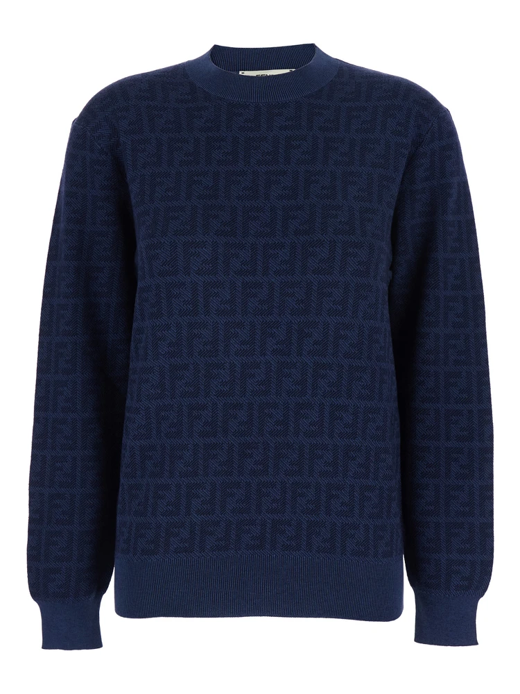 Blue Crewneck Sweater with All-Over FF Motif in Wool and Silk Woman