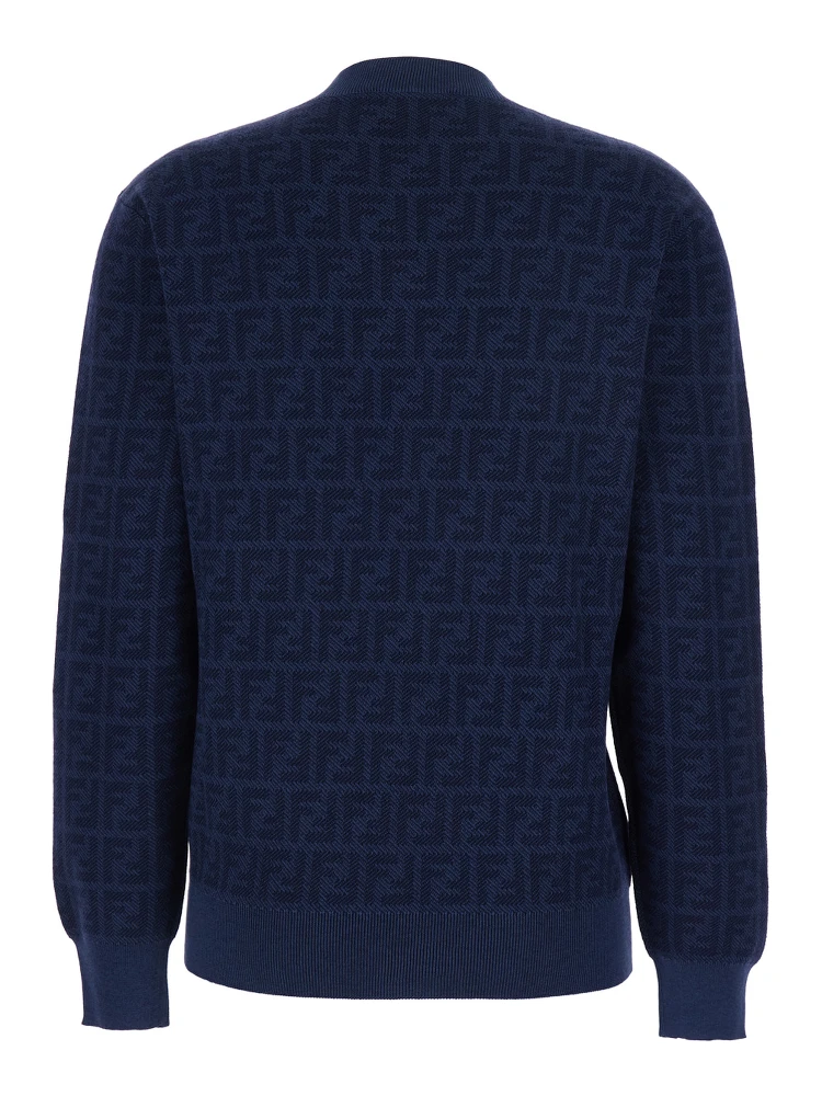 Blue Crewneck Sweater with All-Over FF Motif in Wool and Silk Woman alternative