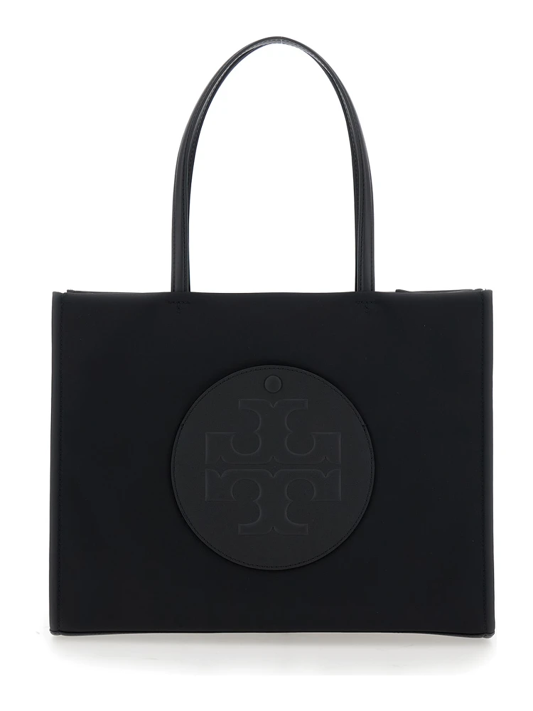 Ella Black Small Tote Bag with Two Top Handles and Embossed Maxi Logo on the Front in Fabric Woman