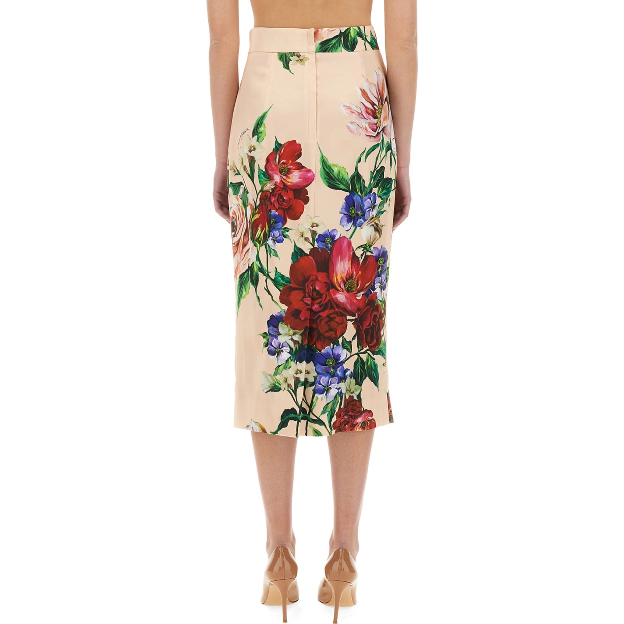 FLOWER PRINT SATIN MIDI PENCIL SKIRT