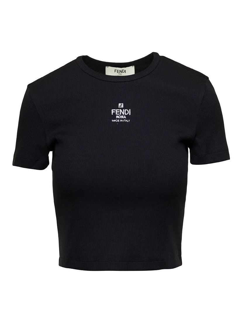 T-Shirt a Coste Cropped con Dettaglio Logo in Cotone Stretch Nero Donna