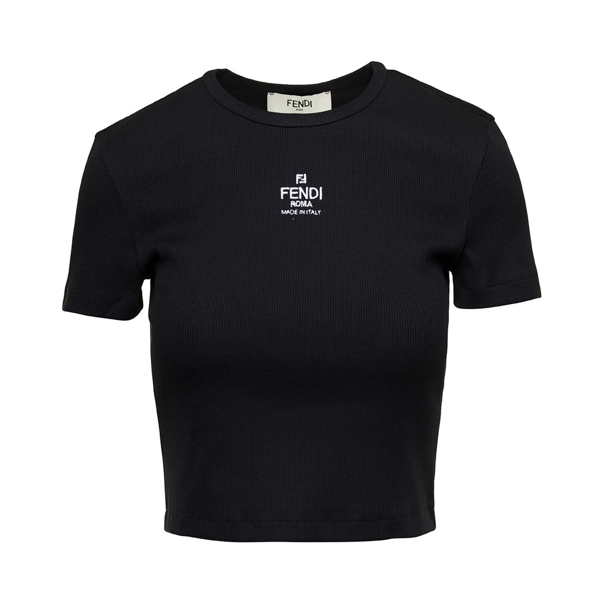T-Shirt a Coste Cropped con Dettaglio Logo in Cotone Stretch Nero Donna