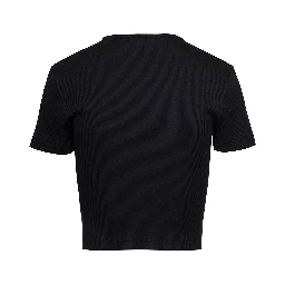 T-Shirt a Coste Cropped con Dettaglio Logo in Cotone Stretch Nero Donna