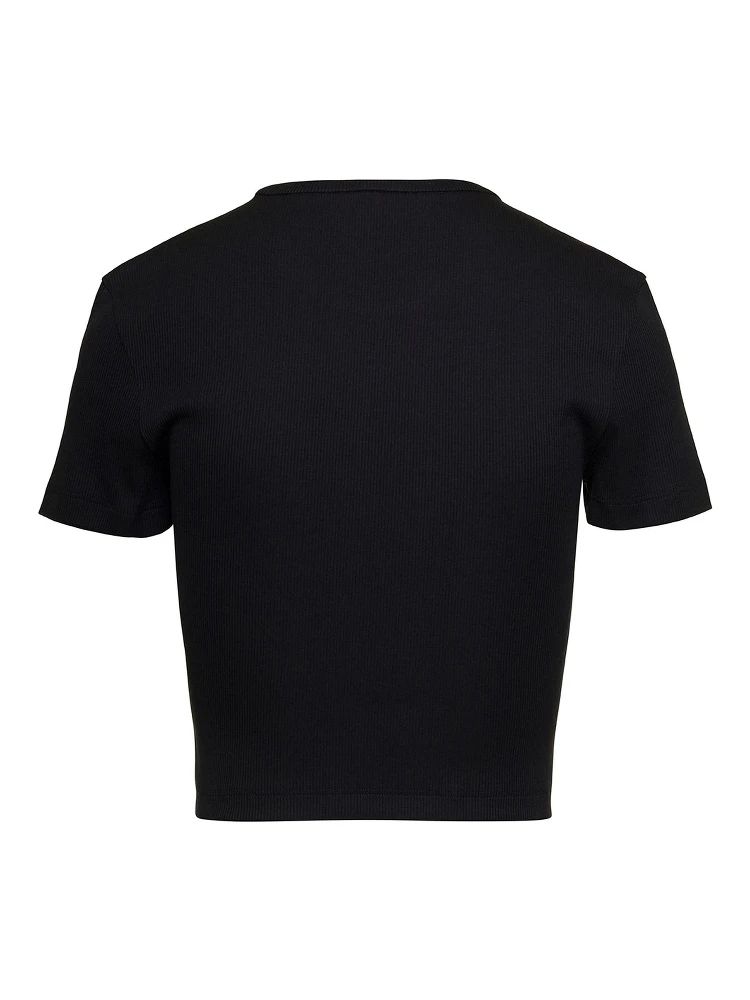 T-Shirt a Coste Cropped con Dettaglio Logo in Cotone Stretch Nero Donna alternative