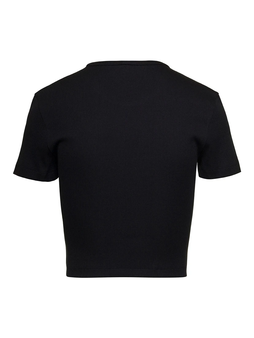 T-Shirt a Coste Cropped con Dettaglio Logo in Cotone Stretch Nero Donna