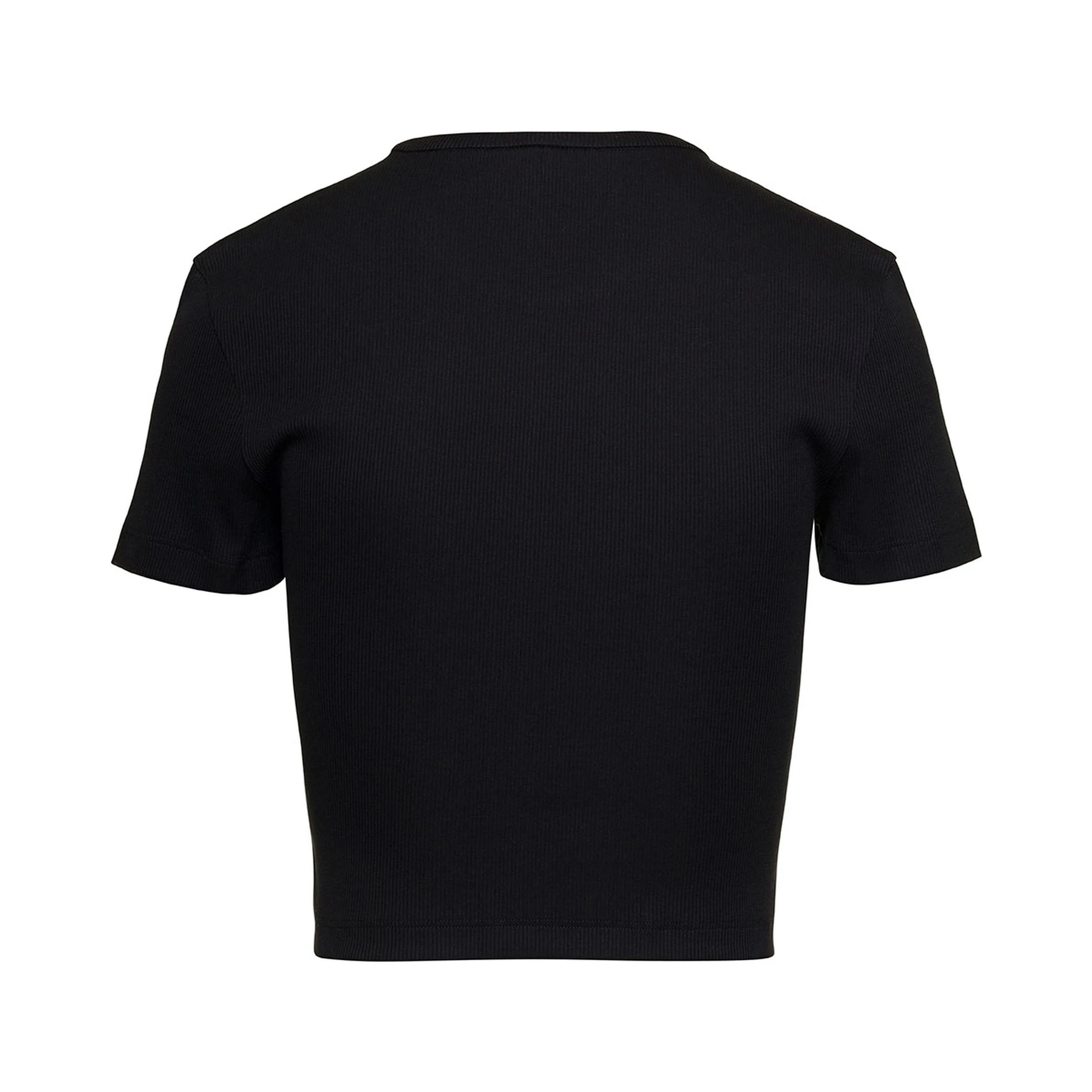T-Shirt a Coste Cropped con Dettaglio Logo in Cotone Stretch Nero Donna