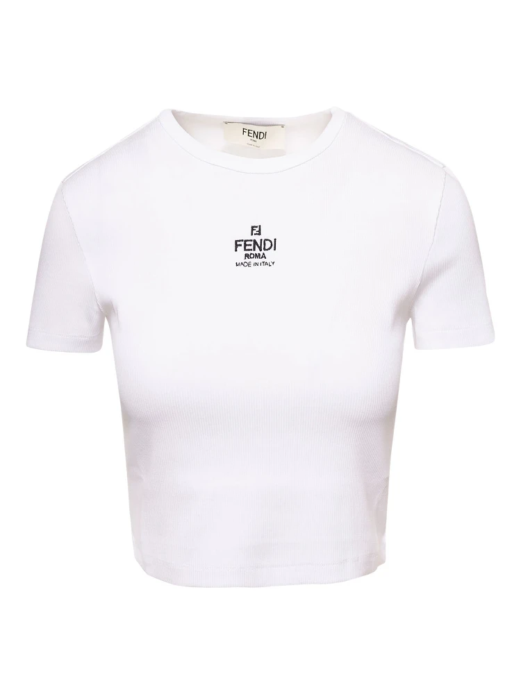 White Ribbed Crop T-Shirt with Logo Embroidery in Cotton Woman