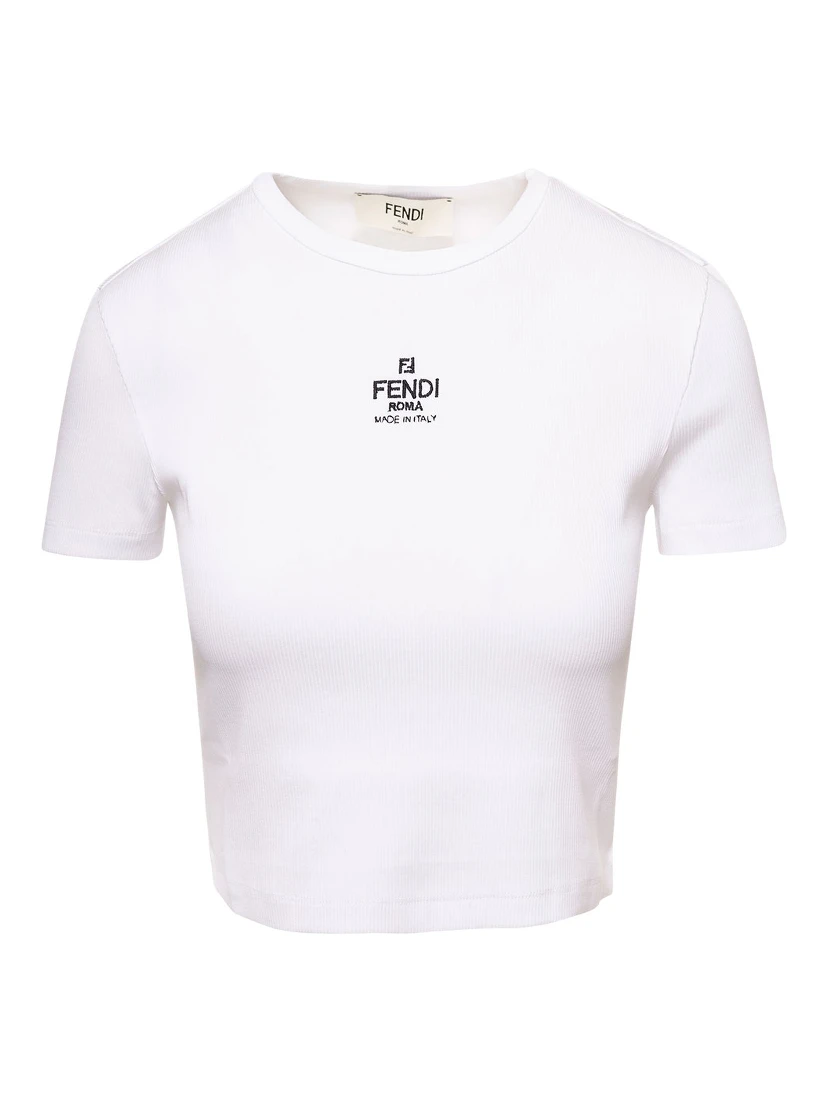 White Ribbed Crop T-Shirt with Logo Embroidery in Cotton Woman