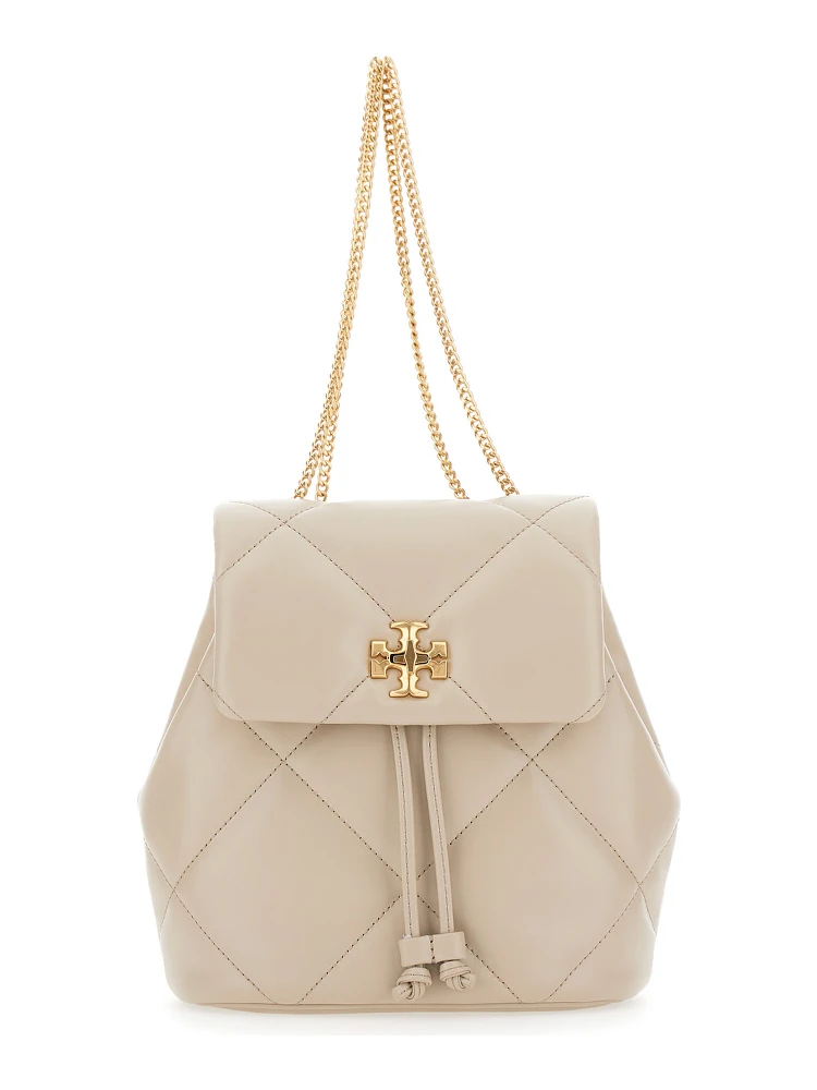 Kira Beige Backpack with Metallic Logo Plate on the Front in Quilted Leather Woman