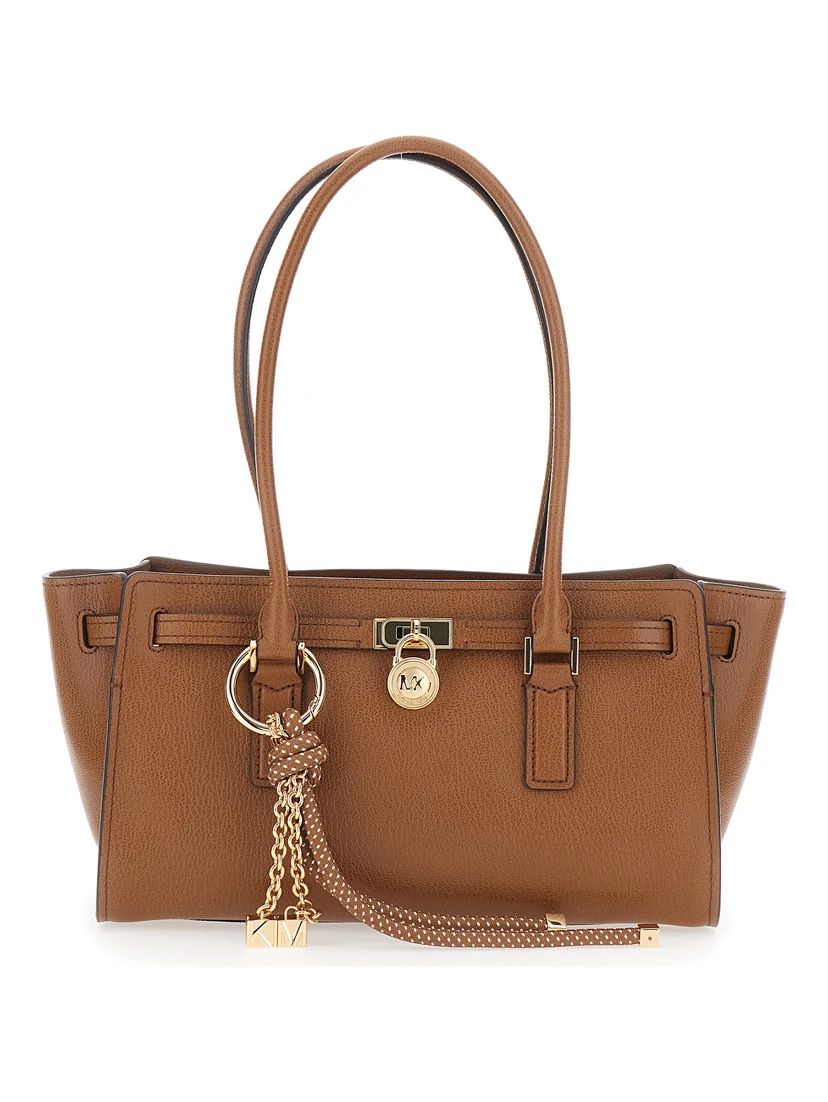 Hamilton Moderne Small Brown Shoulder Bag with Padlock on the Front and Ring with Pendants in Leather Woman