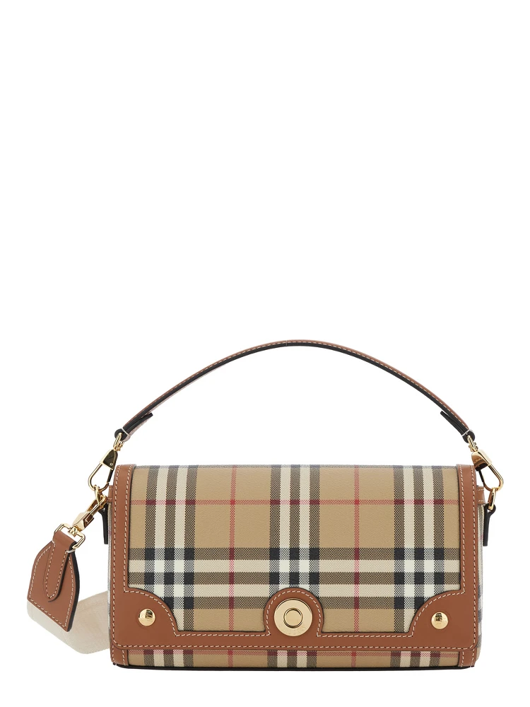 Beige Handbag with Adjustable and Removable Shoulder Strap and All-Over Check Motif in Cotton Blend Woman