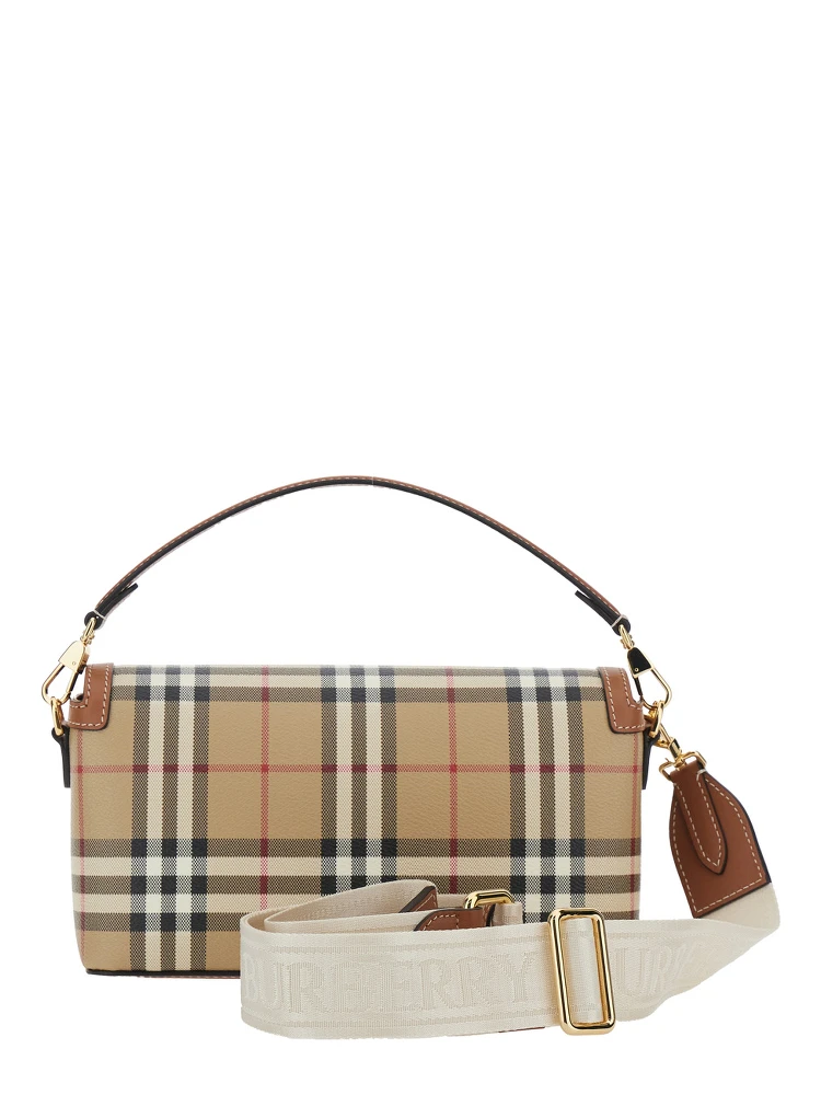 Beige Handbag with Adjustable and Removable Shoulder Strap and All-Over Check Motif in Cotton Blend Woman alternative