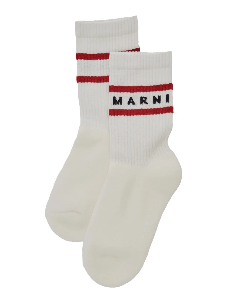 White Socks with Ribbed Design and Logo Lettering in Cotton Boy alternative