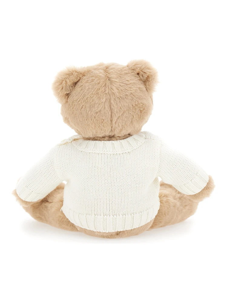 White Teddy Bear Plushie with Logo on the Front in Fabric Baby alternative