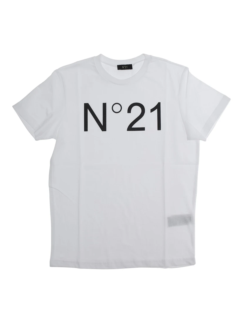 White Crewneck T-Shirt with Maxi Logo Print on the Front in Cotton Girl