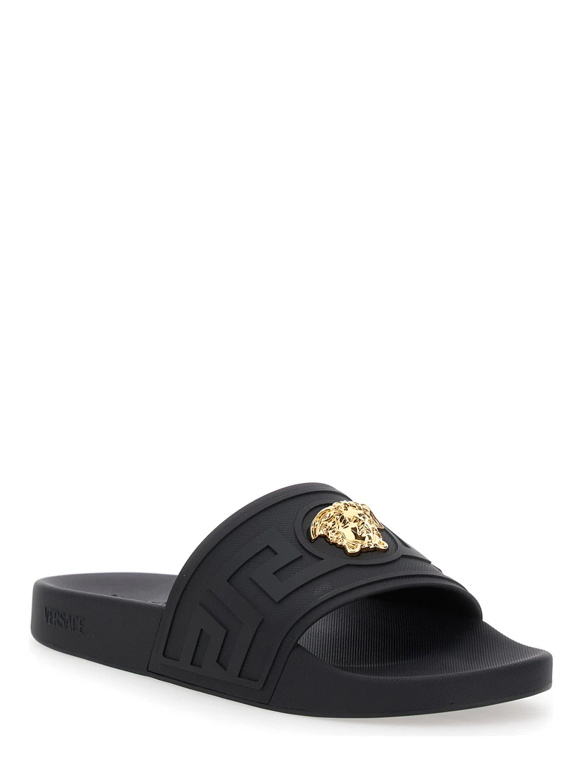 Black Sandals with Medusa Plaque on the Front in Tech Fabric Man