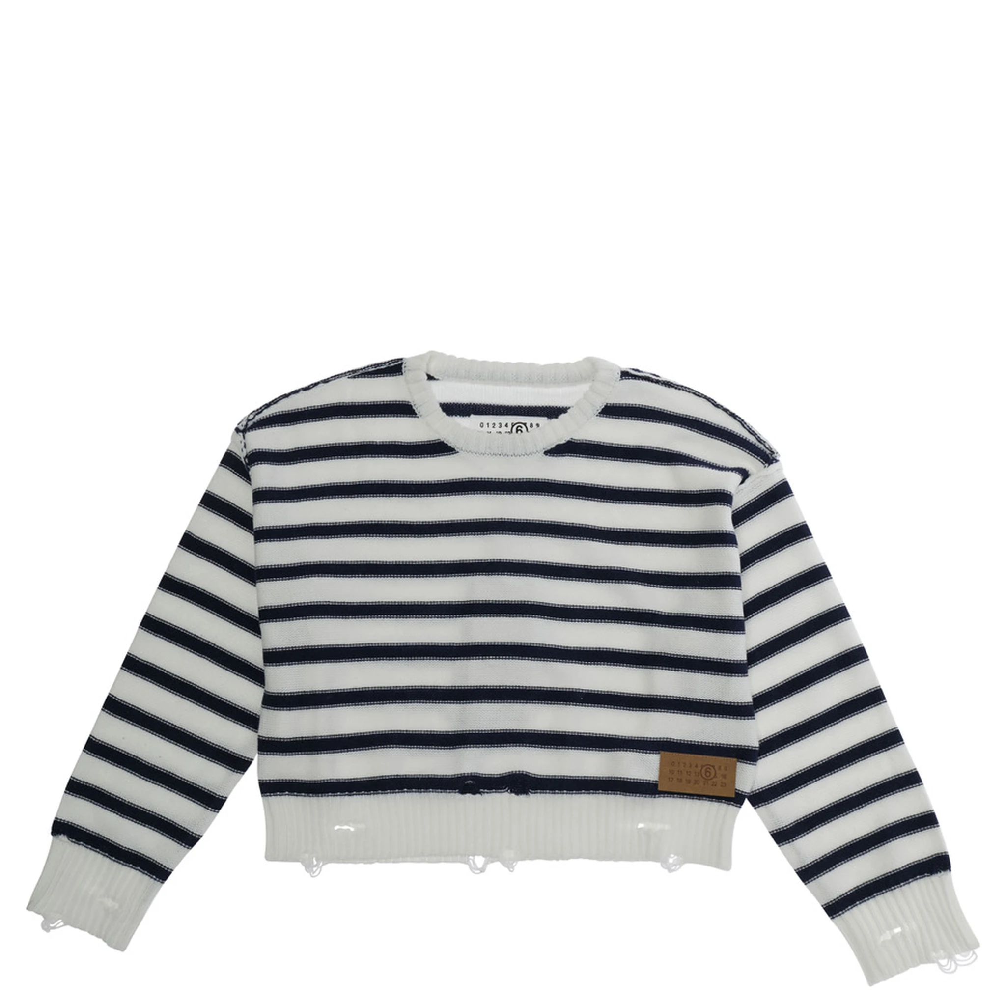 White Crewneck Sweater with Logo Patch on the Front and All-Over Striped Motif in Wool Bend Boy