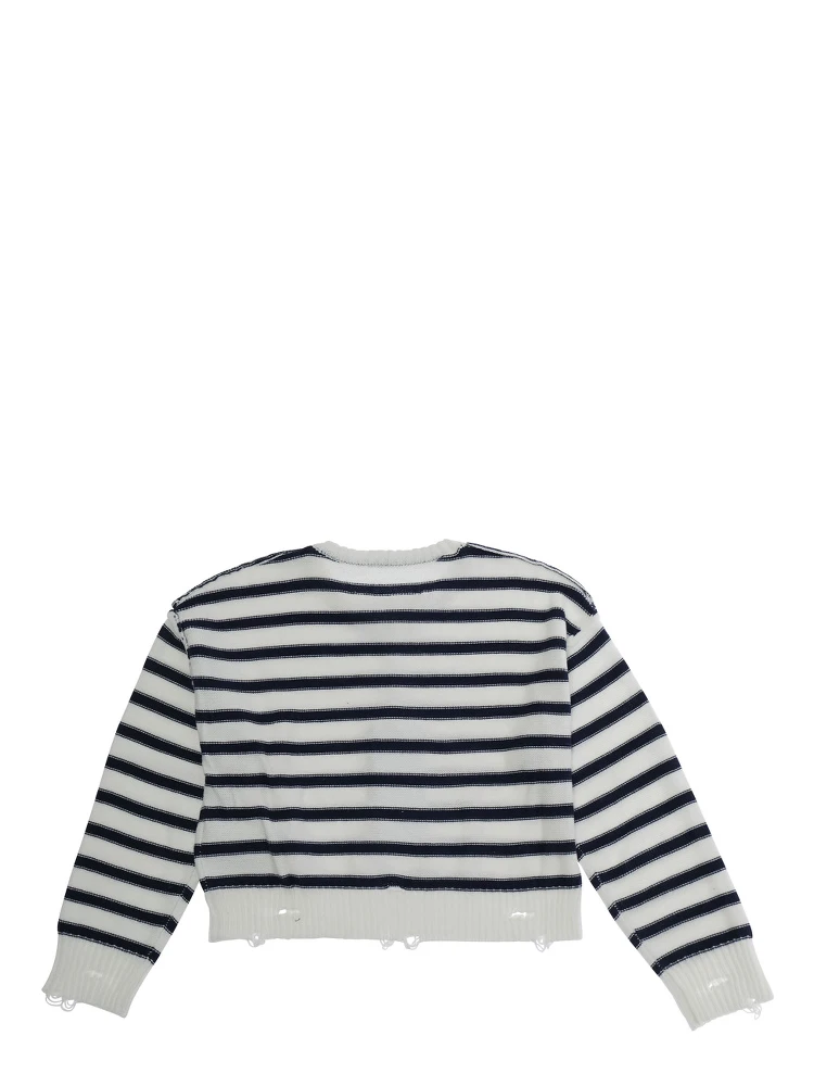 White Crewneck Sweater with Logo Patch on the Front and All-Over Striped Motif in Wool Bend Boy alternative