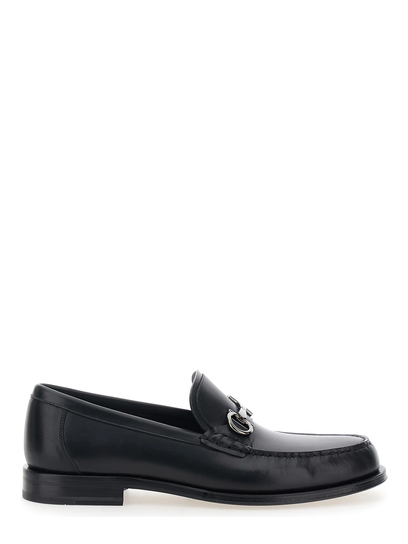 Black Loafers with Metal Ganicini Detail on the Front in Leather Man